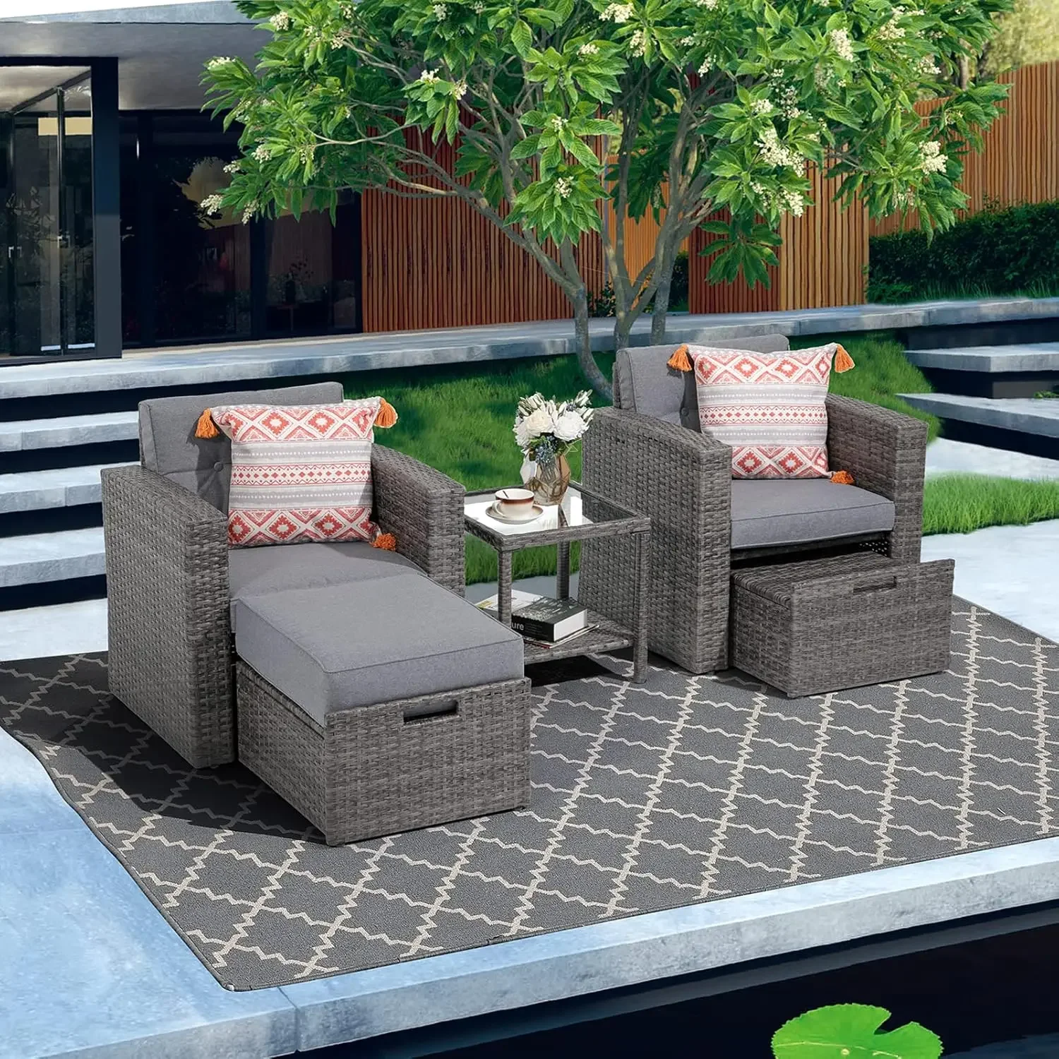 

5PCS Patio Conversation Set, Rattan Outdoor Couch w/ Ottoman, Outdoor Sofa Set w/ Tempered Glass Side Table for Poolside Garden