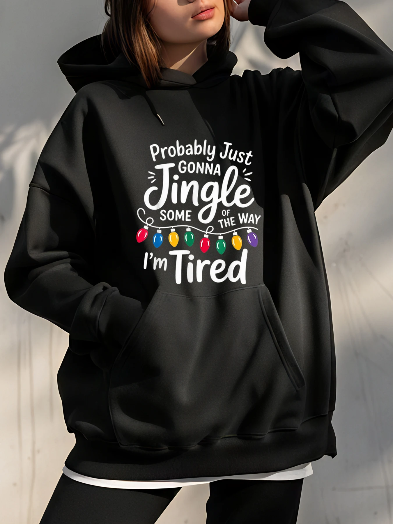 

Рождественская толстовка с принтом Jingle Lights для женщин, повседневная зимняя одежда, уютная толстовка с забавным праздничным посланием