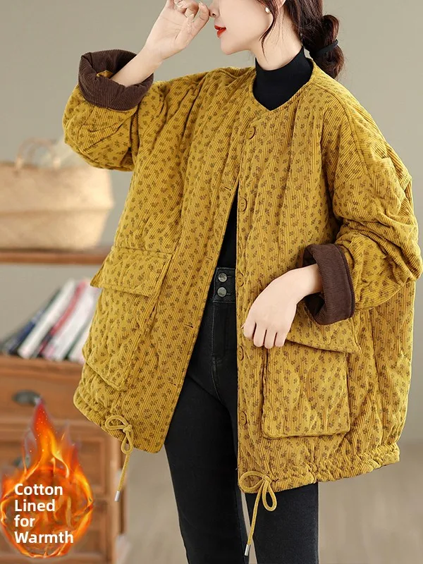 Authentic Winter Cotton Padded Warm Coat Long Loose round Neck Print Corduroy Jacket Women's Thickened Outerwear Cardigan
