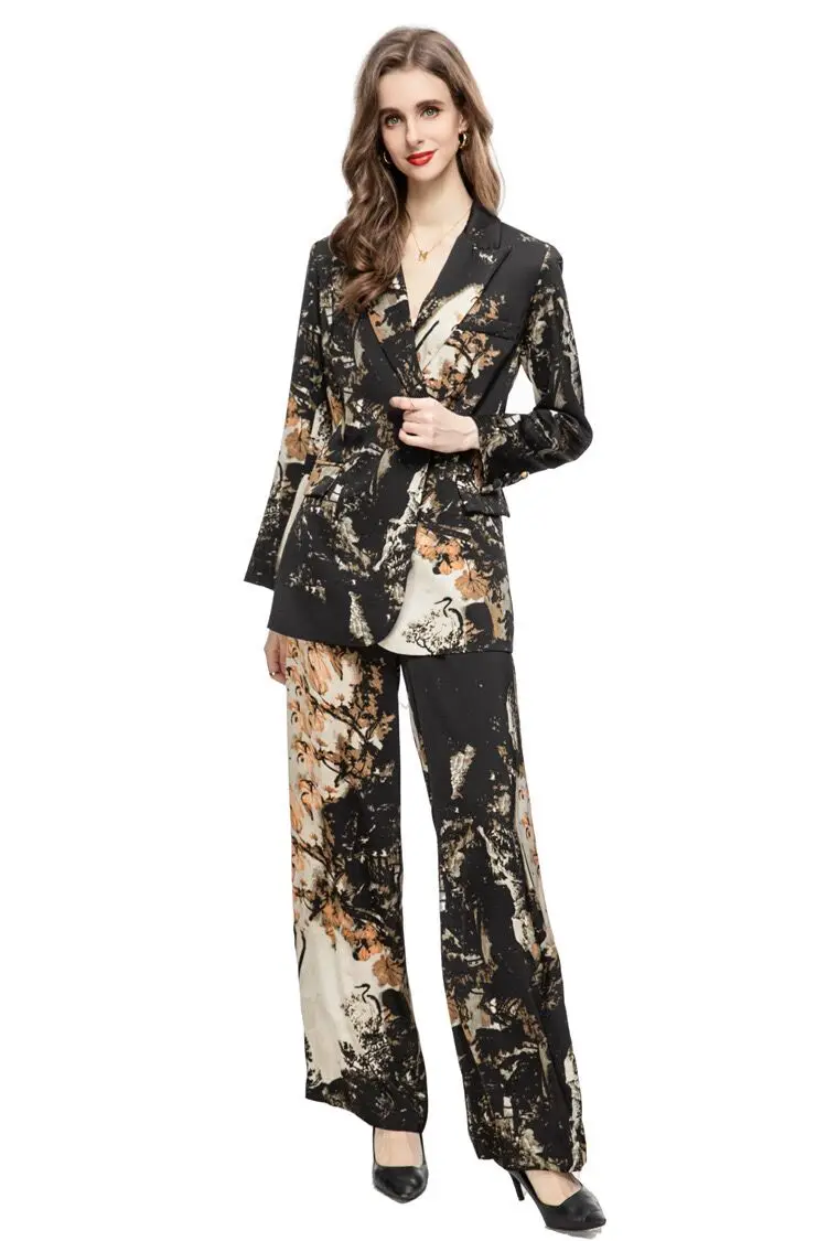 High Quality Customized Autumn Winter New French Printed Suit Wide Leg Pants Set Of Two pieces Fashionable And Classic Commuting