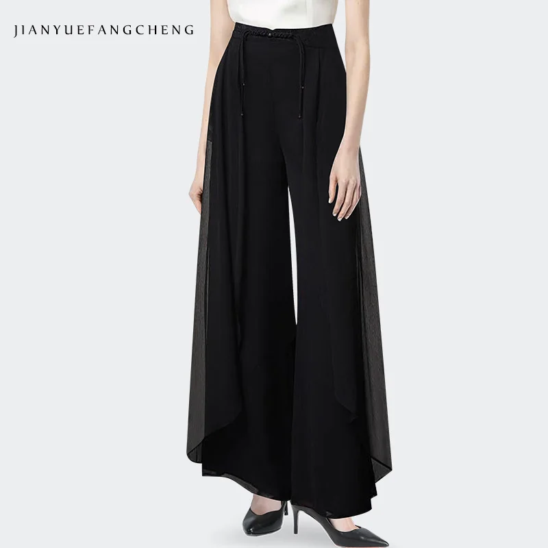 Womens Summer Lightweight Black Chiffon Wide Leg Pants High Waist Disc Buckle Design Loose Casual Flowing Long Trousers