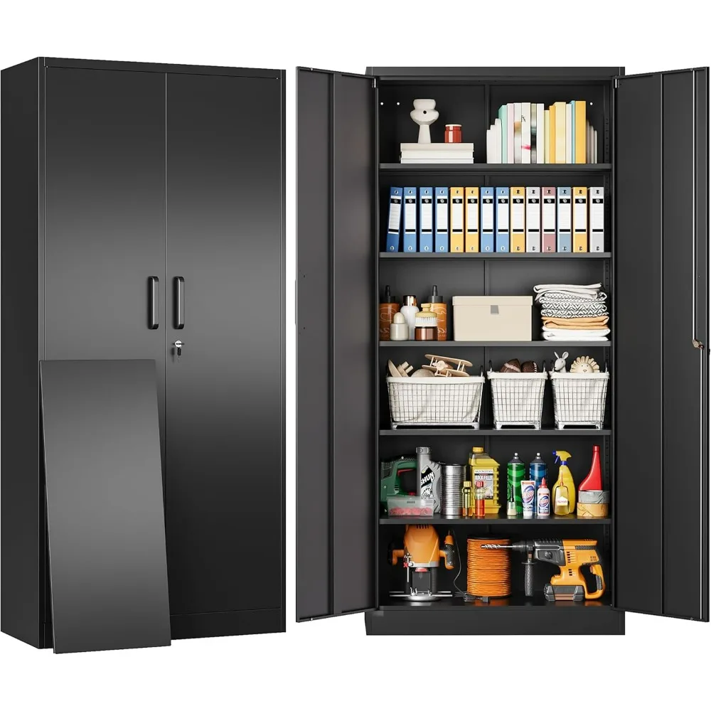 Metal Storage Cabinet with 2 Doors and 6 Shelves,Black Metal Cabinet with Lock,71