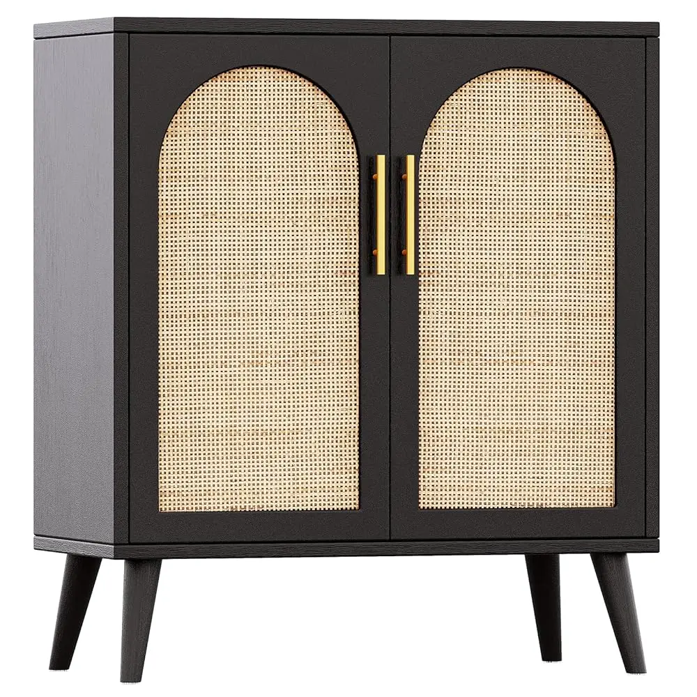 

Rattan Storage Cabinet With Doors, Accent Bathroom Floor Cabinet, Modern Sideboard Buffet Cabinet For Living Room, Entryway,