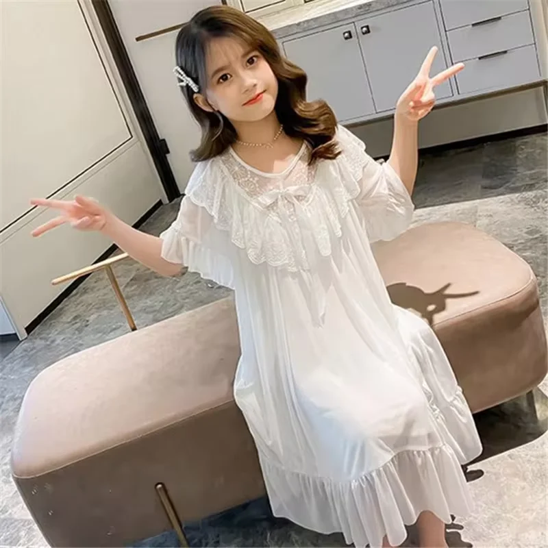 Summer Thin Lace Girls Nightgown Solid Color Mesh Children Home Clothes Long Nightdress Sweet Princess Style Baby Girl Nightgown