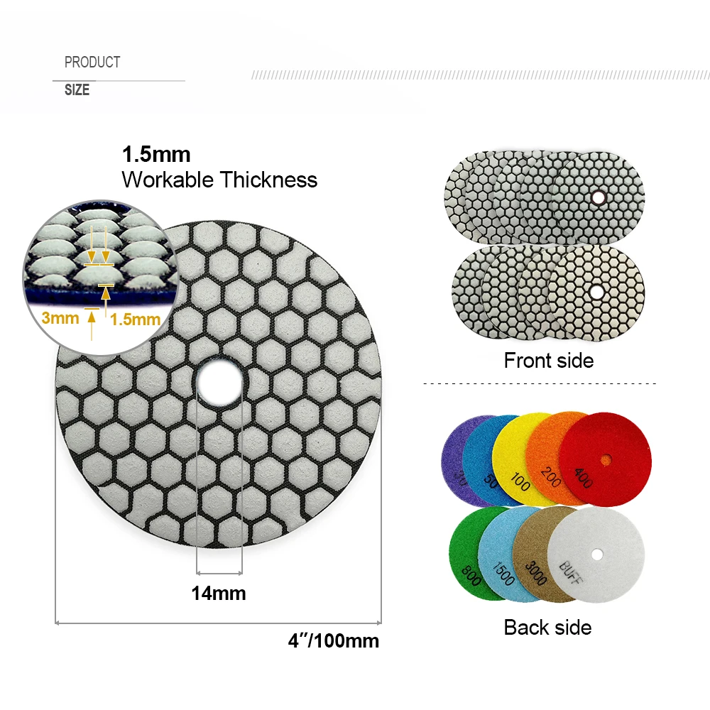 SHDIATOOL 7pcs 4inches #50 Dry Diamond Polishing Pads Diameter 100MM Resin Bond Diamond Flexible Polishing Pads