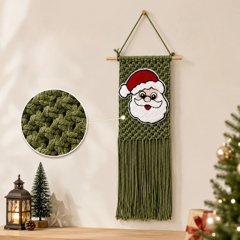 Santa Claus Patchwork Woven Wall Tapestry Bohemian Tassel Wall Hanging Christmas Holiday Indoor Wall Decor Accessory