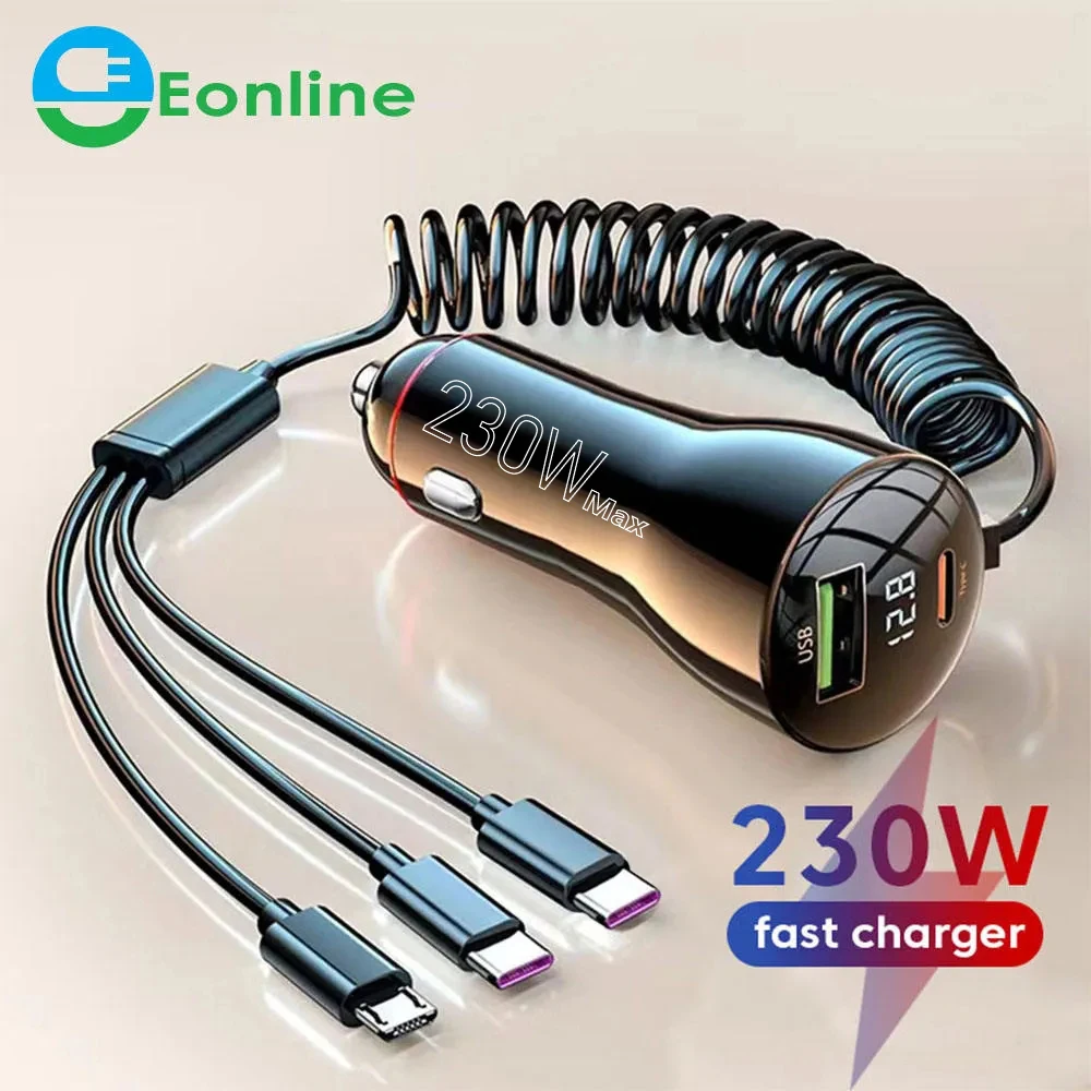 

EONLINE 3D 2 Ports 230W Car Charger With Cable 5 in 1 Fast Charging PD Type C QC3.0 USB C Car Phone Charger For Samsung iphone