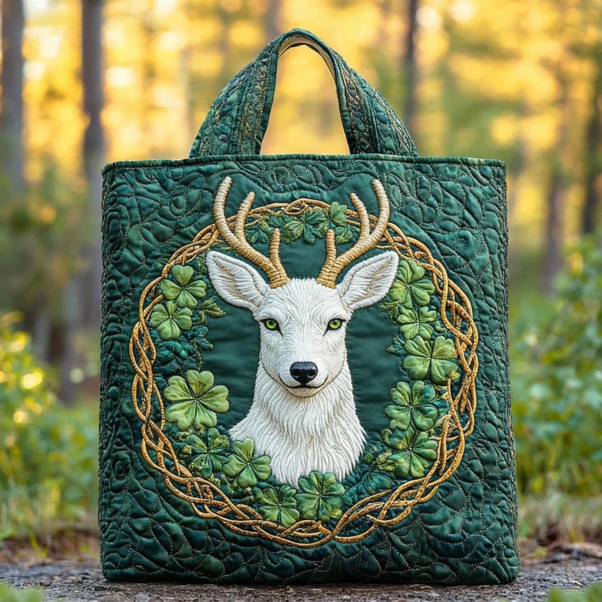 

Celtic Irish Style Tote Bag White Deer Clover Quilted Large Capacity Vintage Shoulder Handbag for Festival Daily Commute