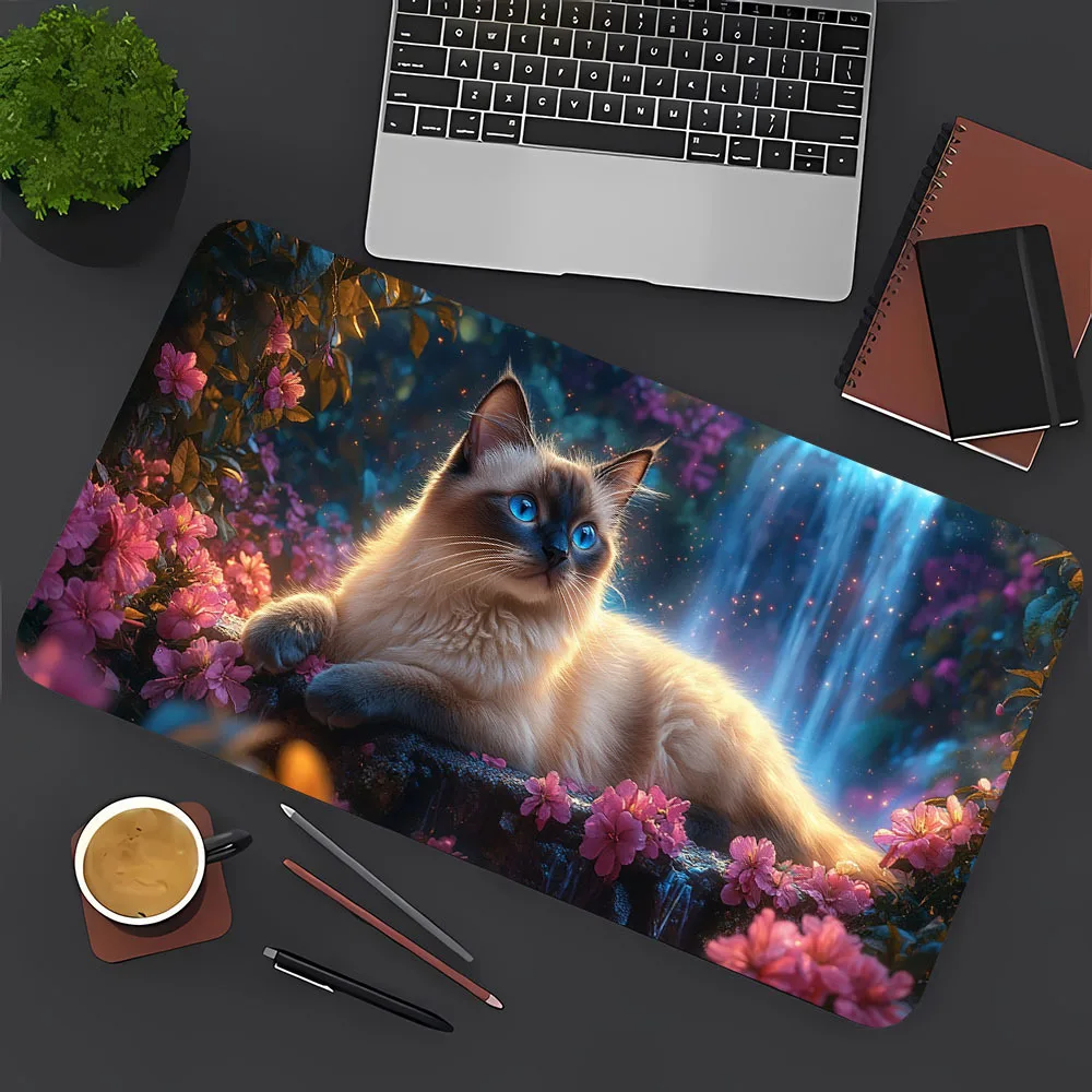 

The mouse pad cat and waterfall design features bright flowers and serene scenery. Made of rubber, it is durable and washable