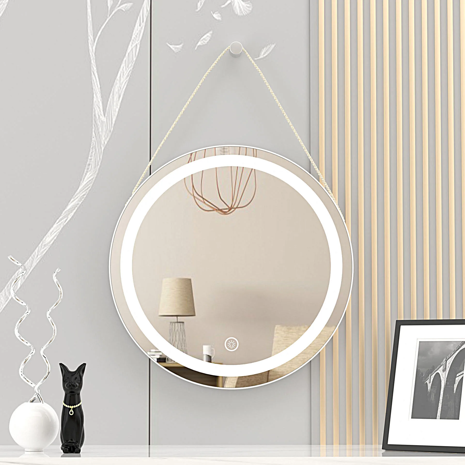 Supply round desktop makeup mirror with light diameter 30cm can be hung on the wall one key three-tone light led mirror