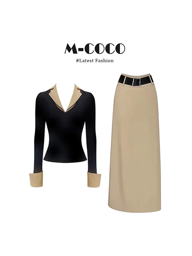 Black Fake Two-Piece Long Sleeve V-Neck Women's Straight Long Skirt Autumn New Style Marie Fashion Set French Style Slim Fit