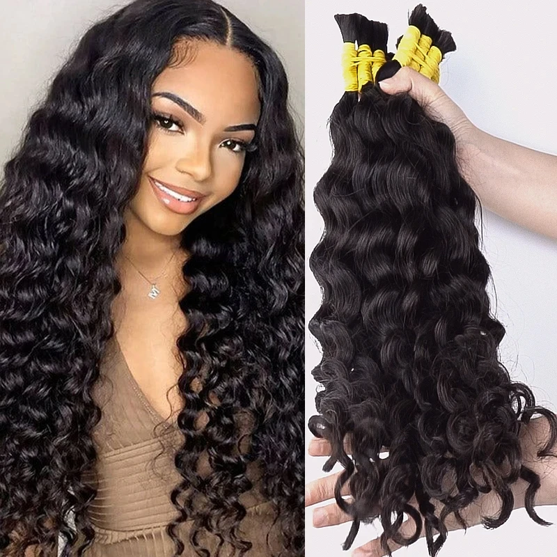 100% Echthaar Bulk Extension Jungfrau Deep Wave Curly 10a Haar Bulk Weben zum Flechten unverarbeitetes Haar ohne Schuss böhmischen Stil