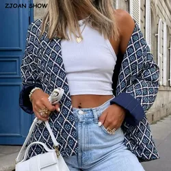 Autumn Winter Blue Geometric Plaid Print V Collar Quilted Coat Ethnic Women Long Sleeve Oversized Jackets Loose Outwear