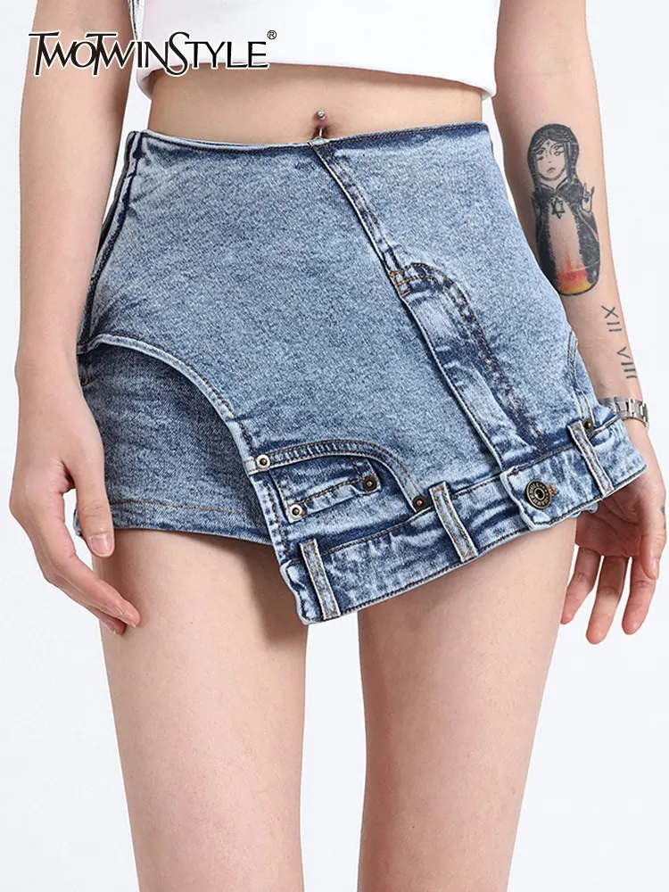 TWOTWINSTYLE Denim Irregular Shorts For Women High Waist Patchwork Pockets Tempermant Slimming Short Pant Female Fashion Clothes