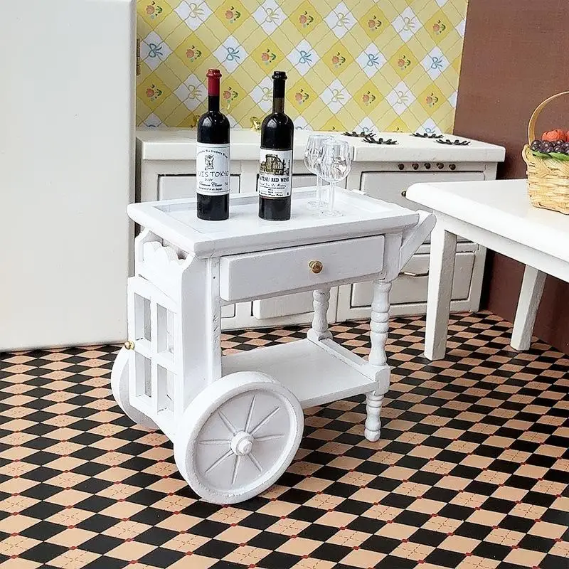 HMA76-1Pc 1: 12 Dollhouse Wooden Meal Driver Cart Model Simulation Handcart Ornament Doll House Restaurant Scene Accessories