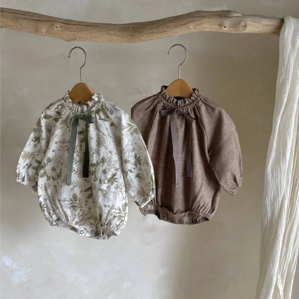 Baby Clothes Spring Autumn Baby Girl Flower Bud Collar Bow Lantern Sleeve Jumpsuit Newborn Clothes Triangle Rompers