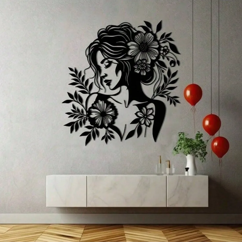 Modern Woman Floral Metal Sculpture, Line Art Wall Hanging, Rustproof Iron Home Decor view 4