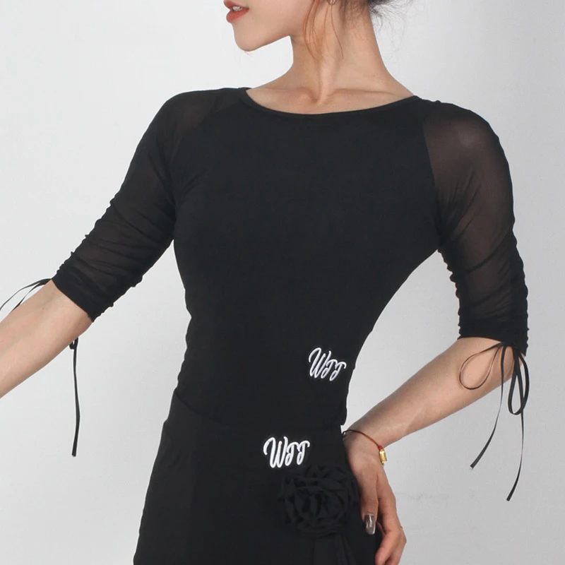 

Fashion Women'S Mesh Sleeves Latin Dance Competition Tops Adults Ballroom Dance Top Female Waltz Modern Dancing Wear SL12696