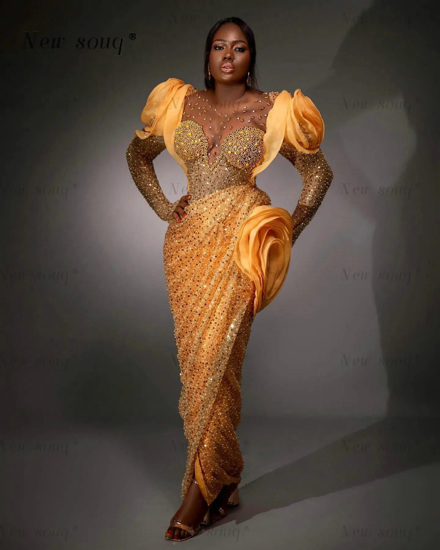

Aso Ebi Plus Size Gold Draped Beaded Sequins Evening Dresses Ruffles Pearls African Black Girls Wedding Guest Reception Gowns