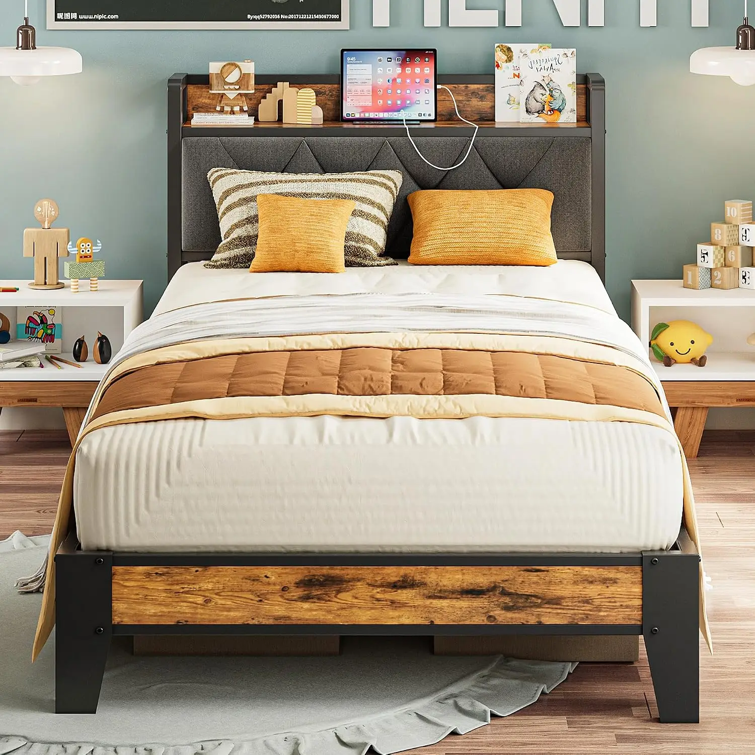 Twin XL Bed Frames, Storage Headboard with Outlets, Easy to Install, Sturdy and Stable, No Noise, No Box Springs Needed, Custom
