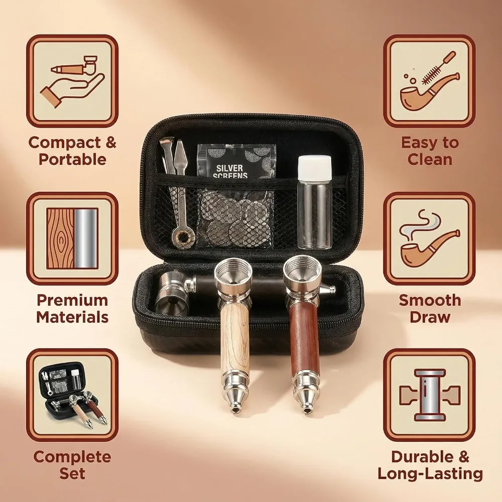 Tobacco Pipe 9PCS Zinc Alloy Detachable Combination Pipe Set Wood Grain Split Pipe Classic Mini Pipe with Screen Portable