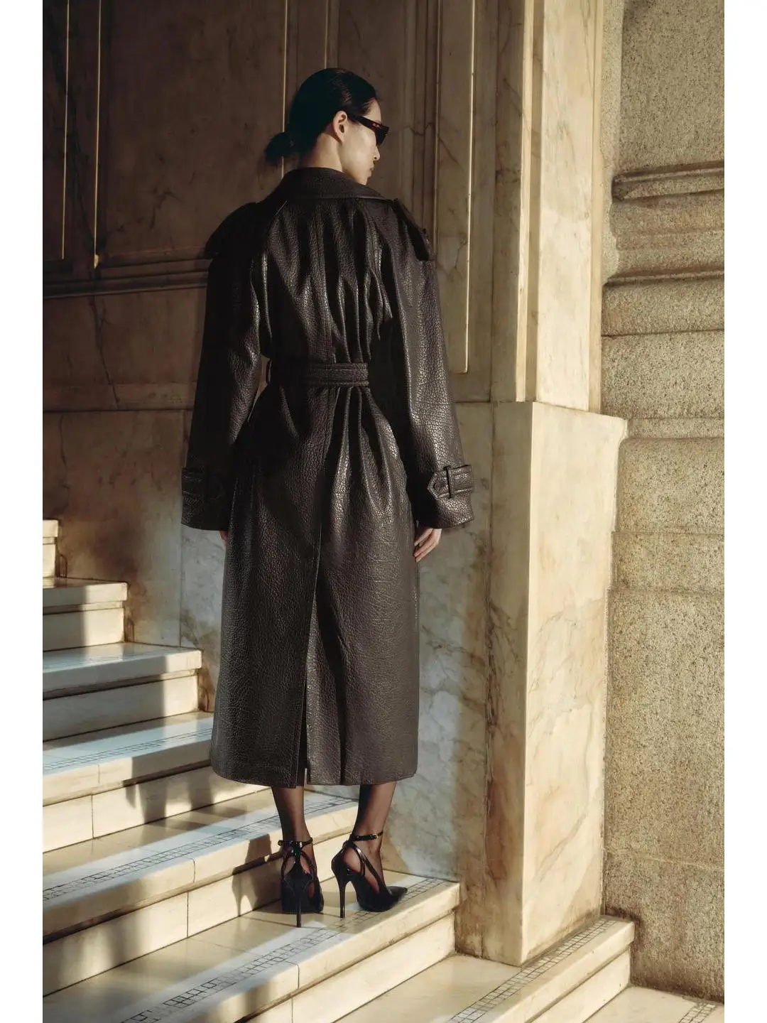 Autumn Faion Belt Decorative Double Flap Button Closure Faux Leather Effect Coat Outerwear Long Sle for Young Women