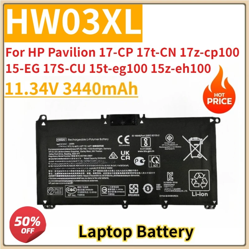 

New Replacement Laptop Battery 11.34V 3440mAh HW03XL for HP Pavilion 17-CP 17t-CN 17z-cp100 15-EG 17S-CU 15t-eg100 15z-eh100