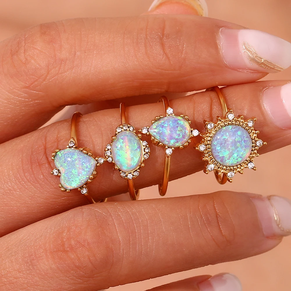 Adjustable Circle Heart Sun Waterdrop Natural Opal Stone Rings For Woman Stainless Steel PVD Plating Waterproof Gemstone Ring