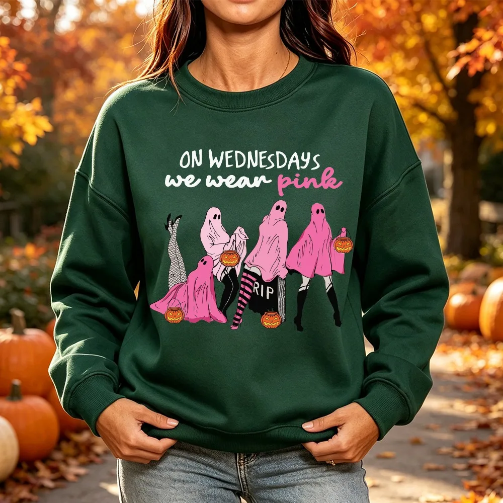 On Wednesdays We Wear Pink Ghost Halloween Print Ladies Crew Neck Sweatshirt Breast Cancer Awareness Long Sleeve Fashion Apparel