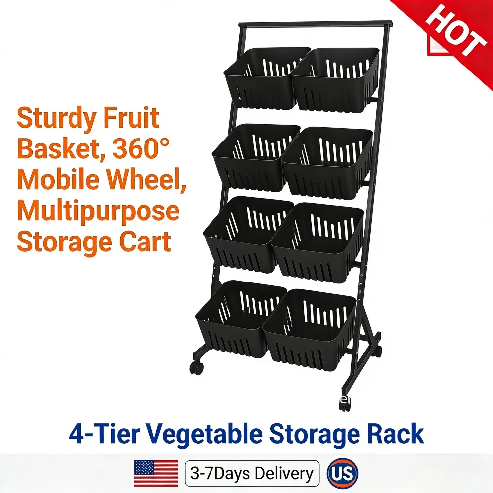 

4-Tier Fruit Vegetable Basket Storage Cart 360° Rolling Brake Wheels Detachable Metal Rack Triangular Support for Kitchen Pantry