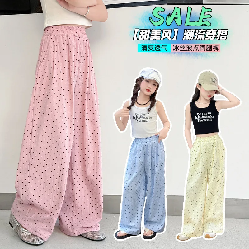 

Новые летние брюки для девочек, модные детские брюки из ледяного шелка с принтом в горошек, свободные тонкие брюки с ощущением прохлады, повседневные брюки для больших детей от 4 до 14 лет
