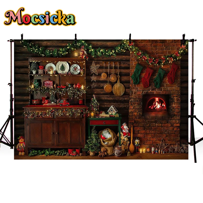 Mocsicka Winter Christmas Photography Background Kitchen Cook Window Xmas Trees Kids Family Portrait Decor Backdrop Photo Studio