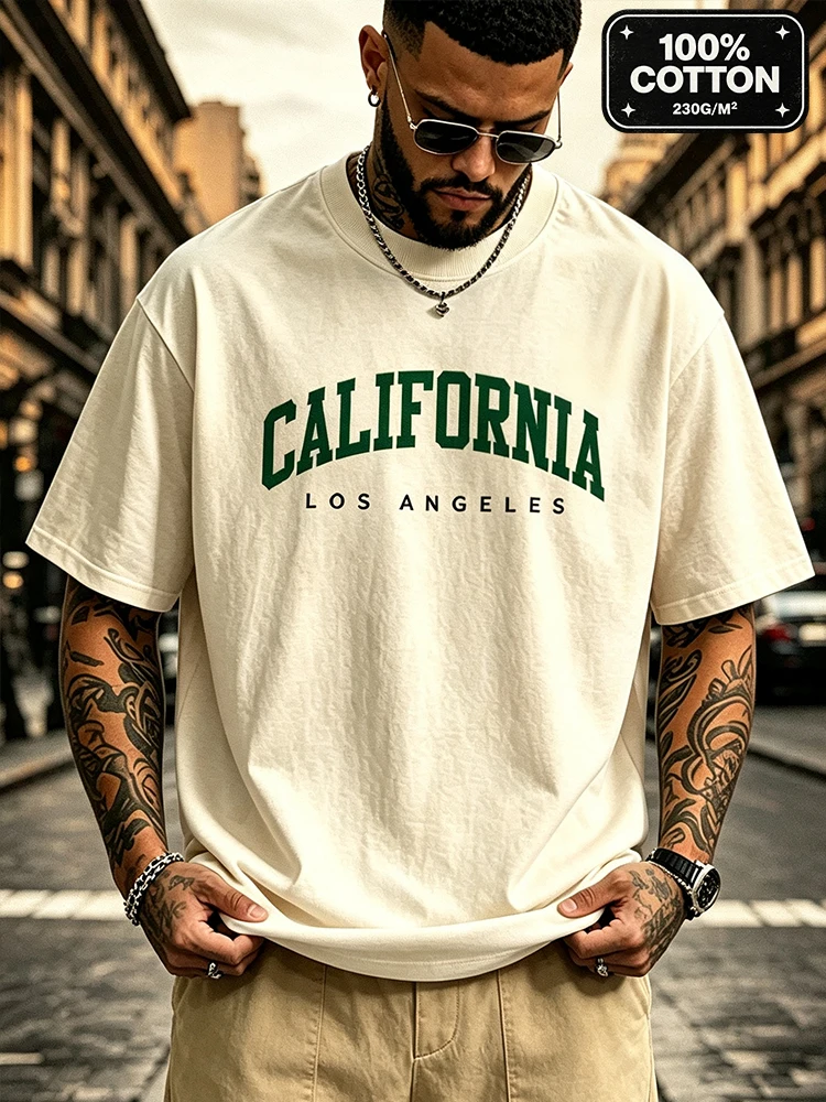 Mens Vintage 100% Cotton Heavyweight T-Shirt  Oversized Crew Neck Los Angeles Print Streetwear West Coast Tee-H13