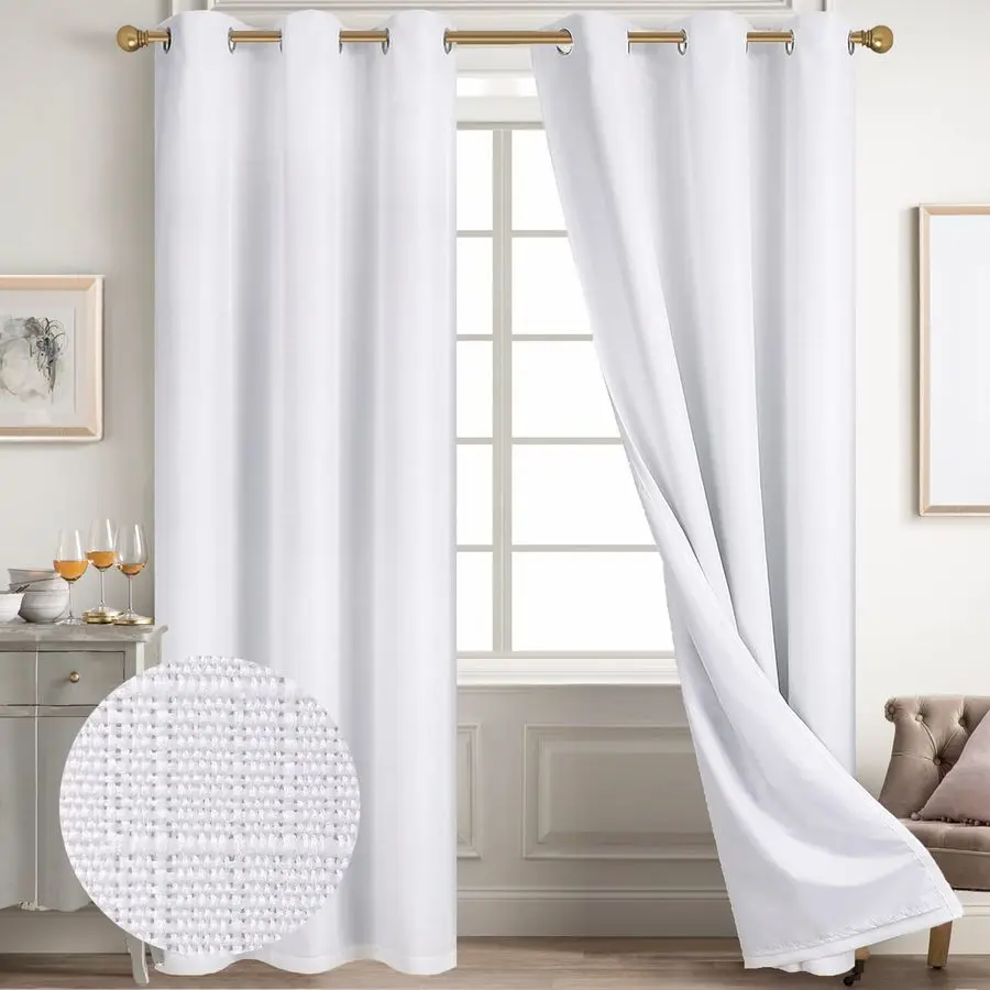 

100 Blackout Curtains White Linen Curtains for Bedroom Grommet Thermal Insulated Room Darkening Drapes 2 Panels, W38 x L84 Inch
