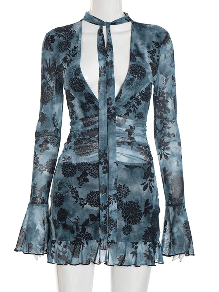 Kricesseen Luxe Bloemenprint Diepe V-hals Ruches Zoom Mesh Korte Jurk Vrouwen Flare Mouw Ruches Nachtclub Jurk Sexy Clubwear