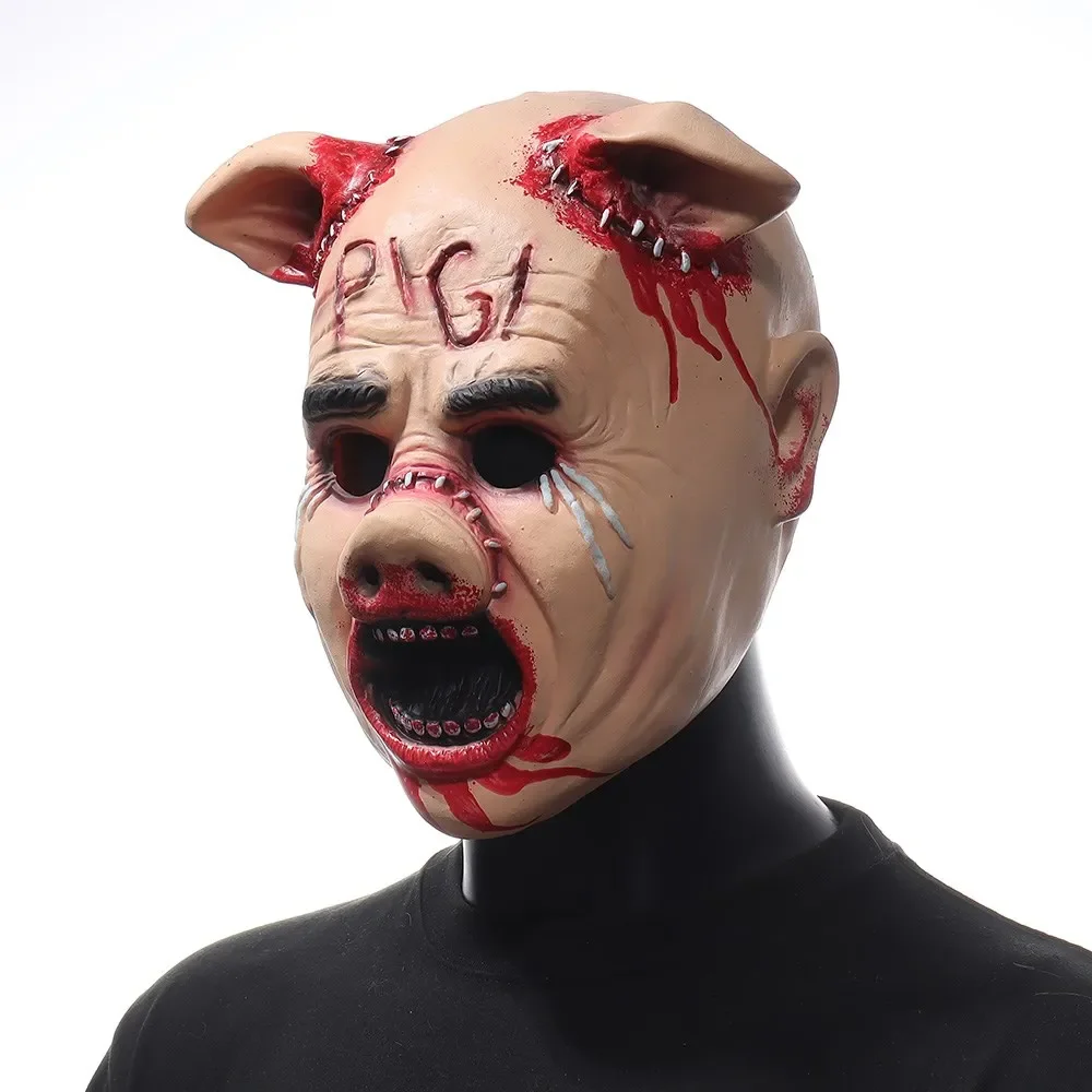 Horror Cry Pig Head Mask Cosplay Scary Bloody Demon Killer Animal Helmet Halloween Carnival Party Costume Props