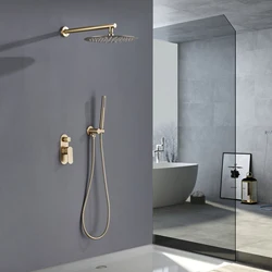 Solid Brass Bathroom Shower Set Rianfall Shower Head Shower Faucet System Wall Mounted Shower Arm Mixer Water Sets Brushed Gold