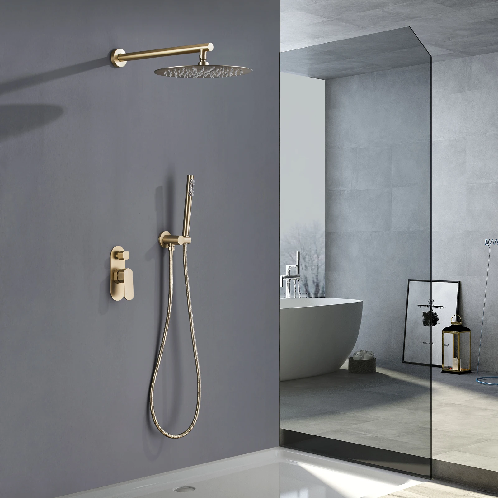 Solid Brass Bathroom Shower Set Rianfall Shower Head Shower Faucet System Wall Mounted Shower Arm Mixer Water Sets Brushed Gold