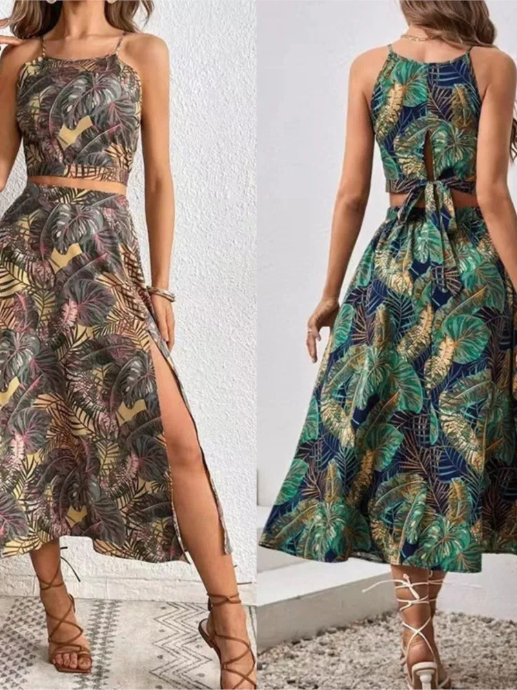 Conjunto de vestido estampado de duas peças para mulheres, top sem mangas com alças suspensas, fora da cintura, laço traseiro, sexy e elegante, novo para o verão