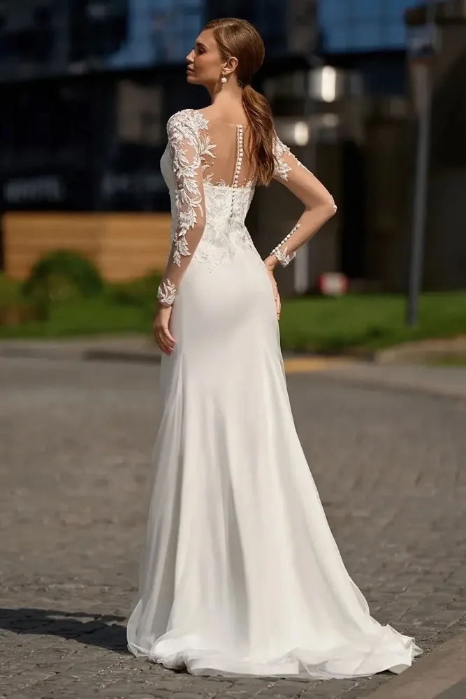 V-Neck Lace AppliquesWedding Dress Beach Long Sleeve Mermaid Sweep TrainBridal Gowns Customize To Measures Civil Sweep