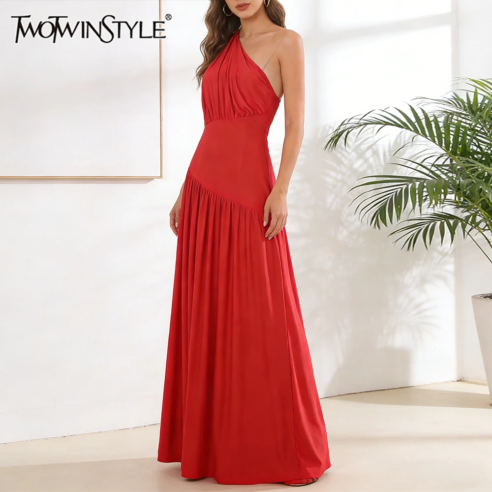 TWOTWINSTYLE Solid Loose Spliced Folds Dresses for Women Skew Collar Sleeveless Elegant Intellectual Dress Female Summer Fashion