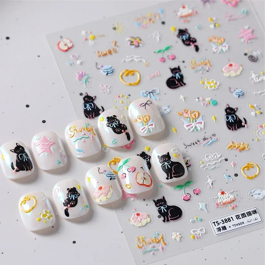 Lovely Black Kitten Mewing Flower Star Bowknot Cherry Cute Cat Cake Food Lines Sun Apple Heart Nail Art Stickers Manicure Decals