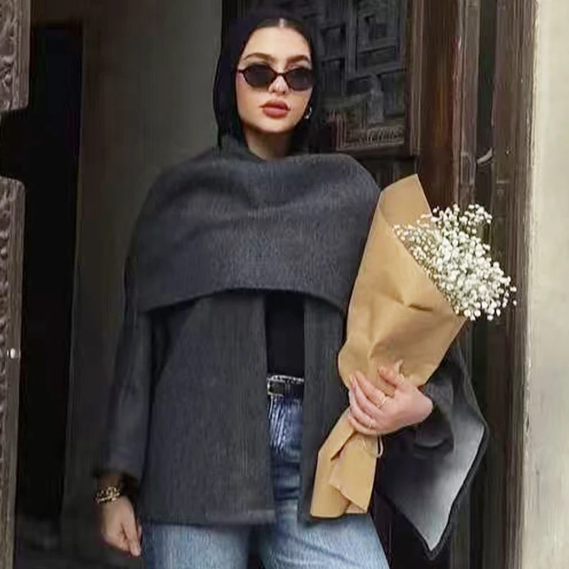 HXAO Knit Cape Coat Women's Jacket New In Coats & Jackets Cloak Cut Out Long Sleeve Cardigan Asymmetric Scarf Cropped Outerwears