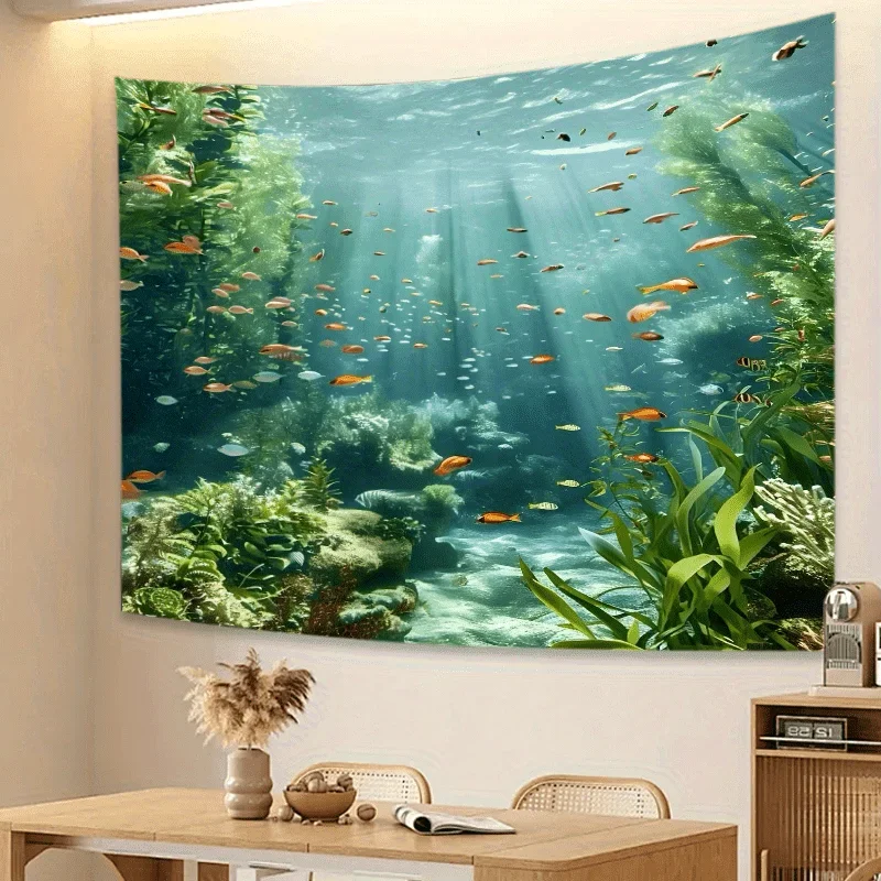 نسيج الشعاب المرجانية البحرية الاستوائية كبيرة الحجم - الأسماك النابضة بالحياة والنباتات المائية معلقة على الحائط لتزيين غرفة النوم وغرفة المعيشة