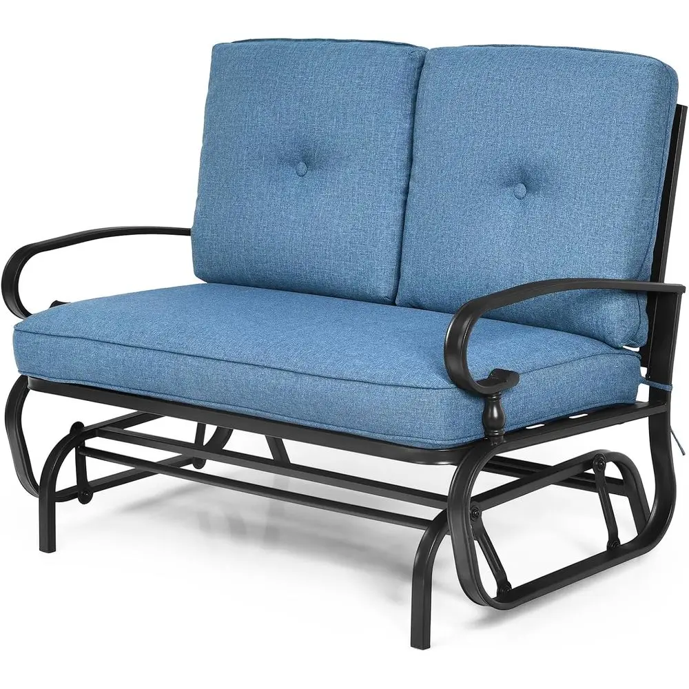 

2-Person Outdoor Swing Glider Bench with Steel Frame and Comfortable Blue Cushions for Garden, Porch, Balcony, and Poolside