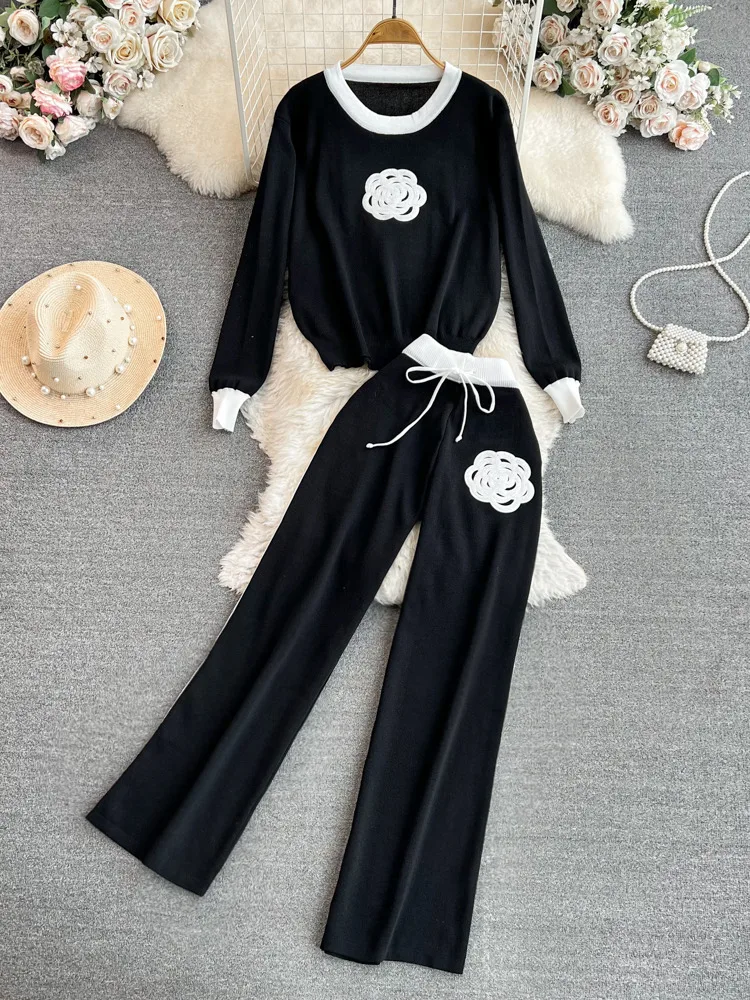 Women's Knitted Sets Tracksuit Pants Suits Autumn New Long Sleeve Flower Pullover Sweater + Wide Leg Pants Casual Two-piece Sets