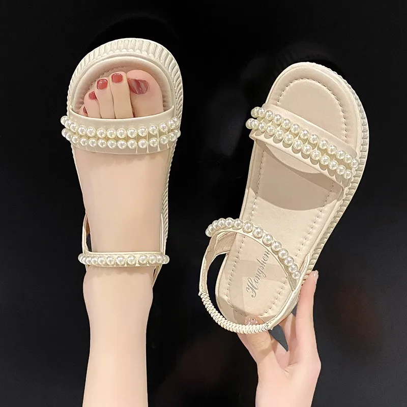 Fashion Pearl Strap Thick Sole Sandals Women Summer Back Elastic Band Platform Sandals Woman Pu Leather Non Slip Clogs Sandalias