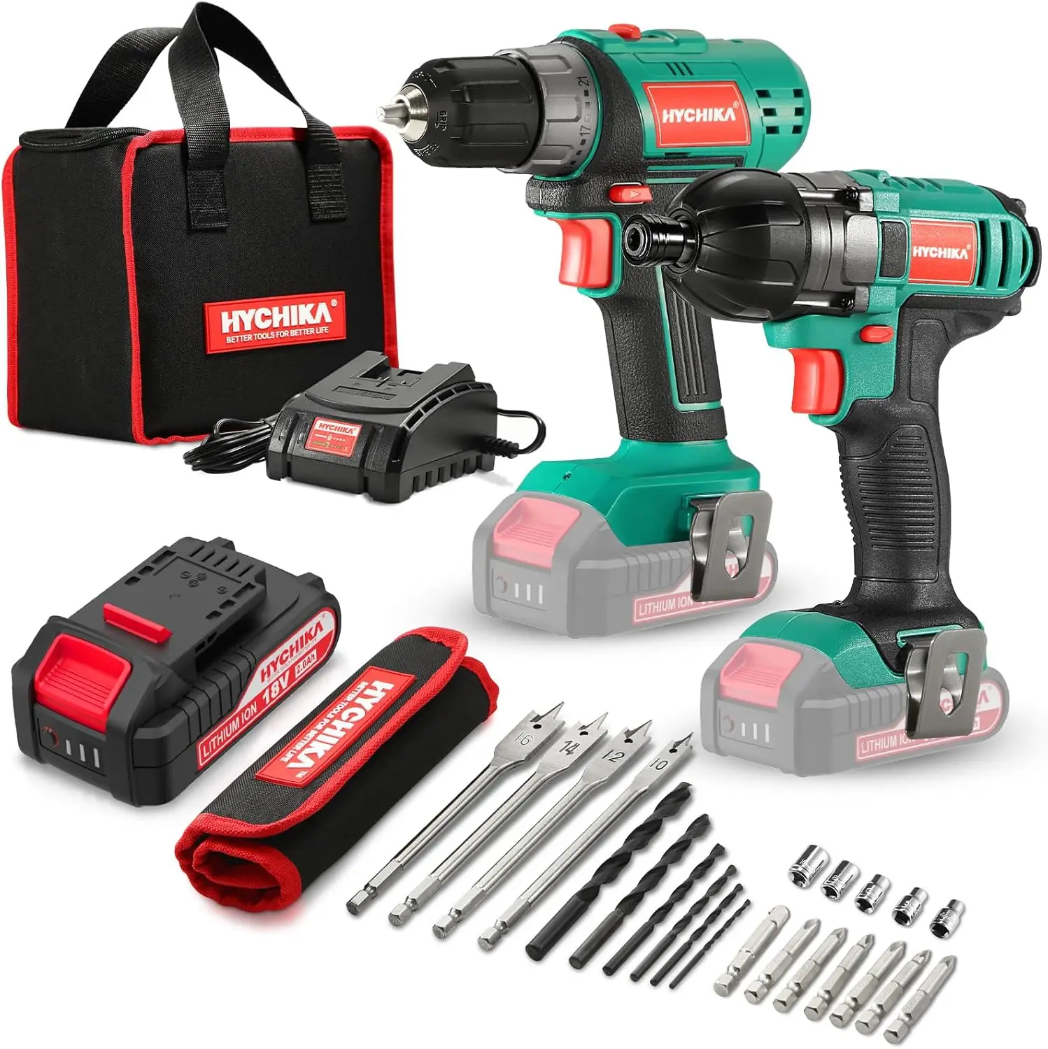 Cordless Drill Driver And Impact Driver 20V, Hychika Drill Combo Kit, 2X2.0Ah Batteries, 1H Fast Charging, 22Pcs Accessories