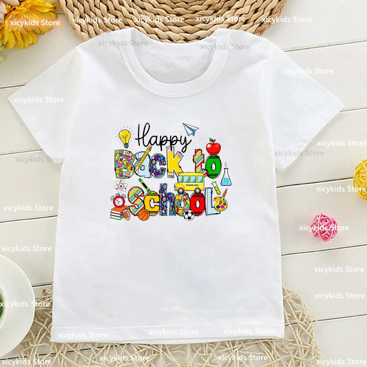 School Alphabet Doodle Letters Graphic Printed Tshirt Fashiona Boys And Girls T-Shirt Cute Kids T Shirt White Short Sleeved Tops