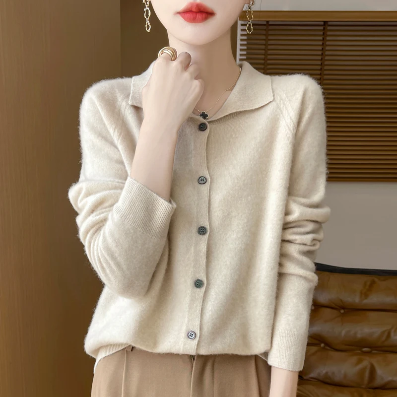 New 100% Wool Cardigan Sweater Women Turn-down Collar Long Sleeve Top Solid Color Autumn Winter Female Knit Casual Warm Jacket